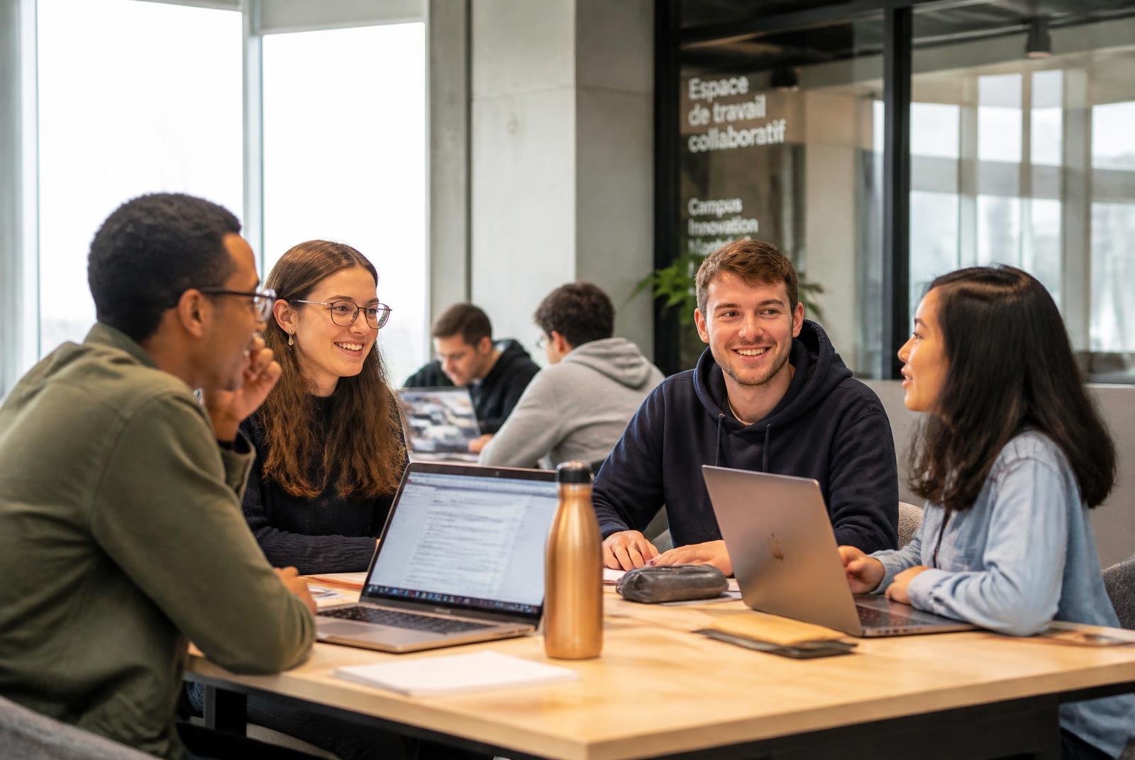 Étudiants du Bachelor Digital & IA travaillant ensemble sur leurs ordinateurs portables