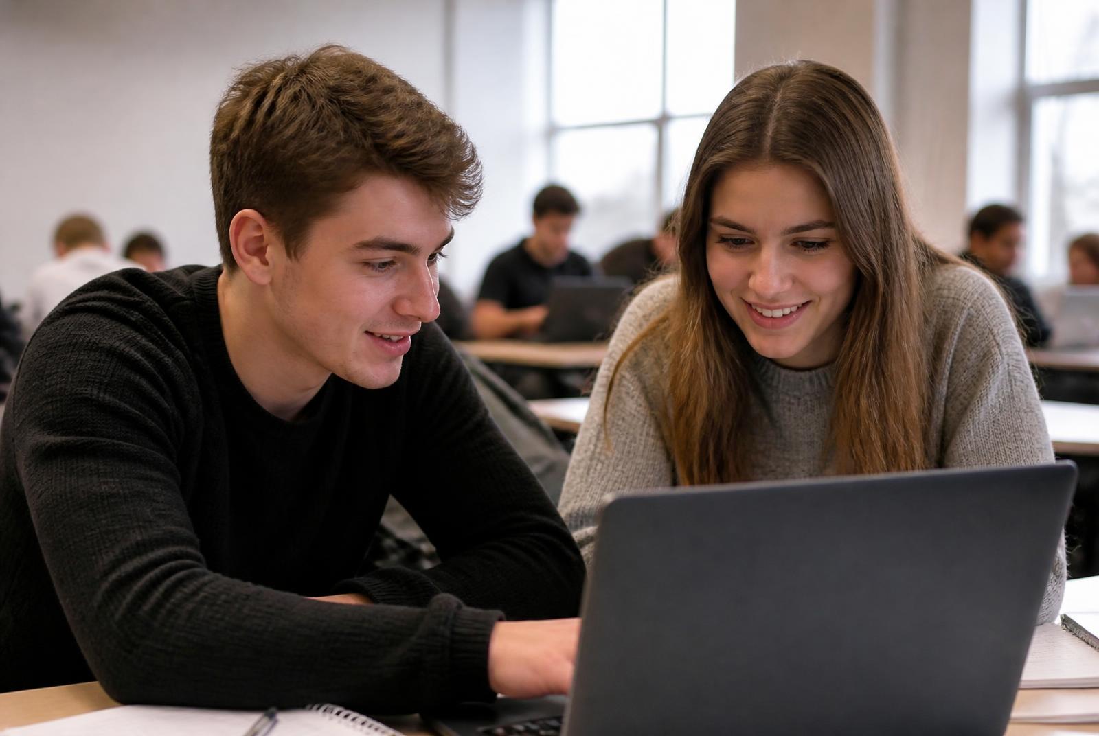 Deux étudiants SENZA Campus travaillant ensemble sur un ordinateur