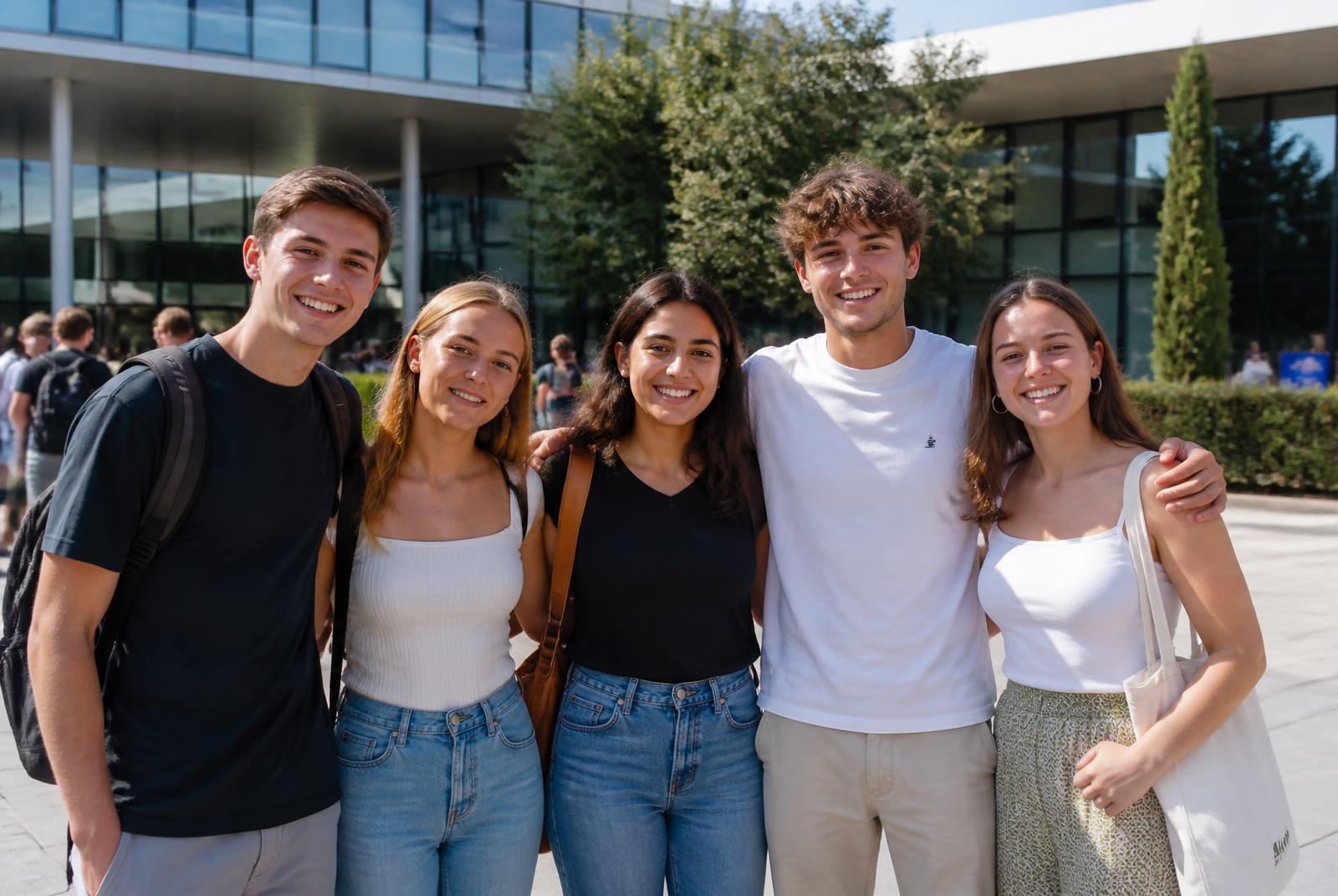 Étudiants du SENZA Campus réunis devant le campus, souriants